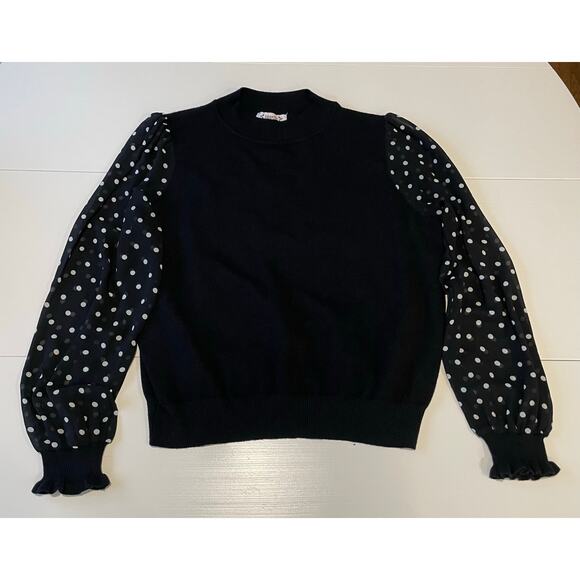 Nanette Lepore Mock Neck Sweater Sz L Polka Dot Sleeves Black White Shabby Chic - Picture 6 of 10